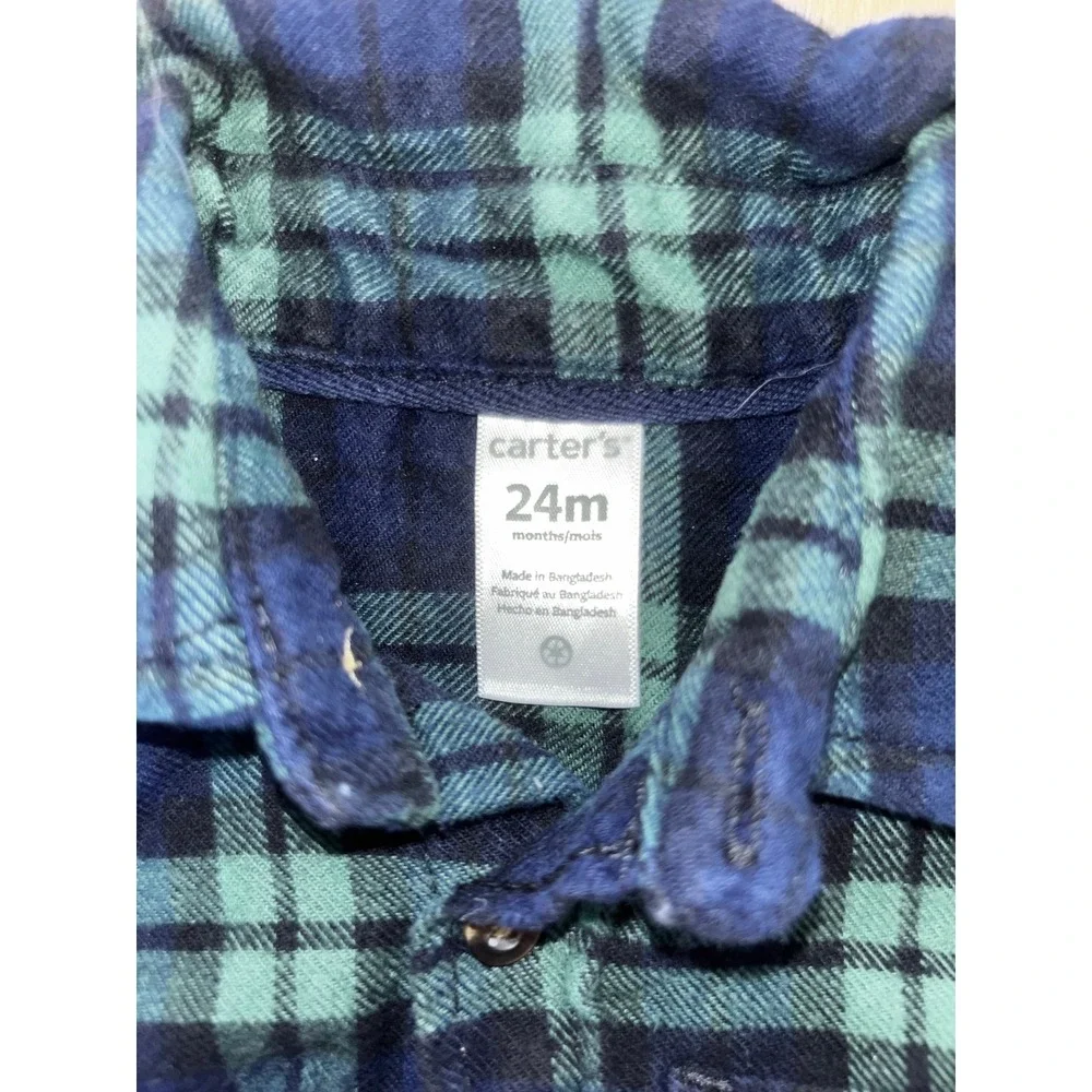 Carters Baby Boys 24M Navy Green Plaid Flannel Long Sleeve Button Front Bodysuit